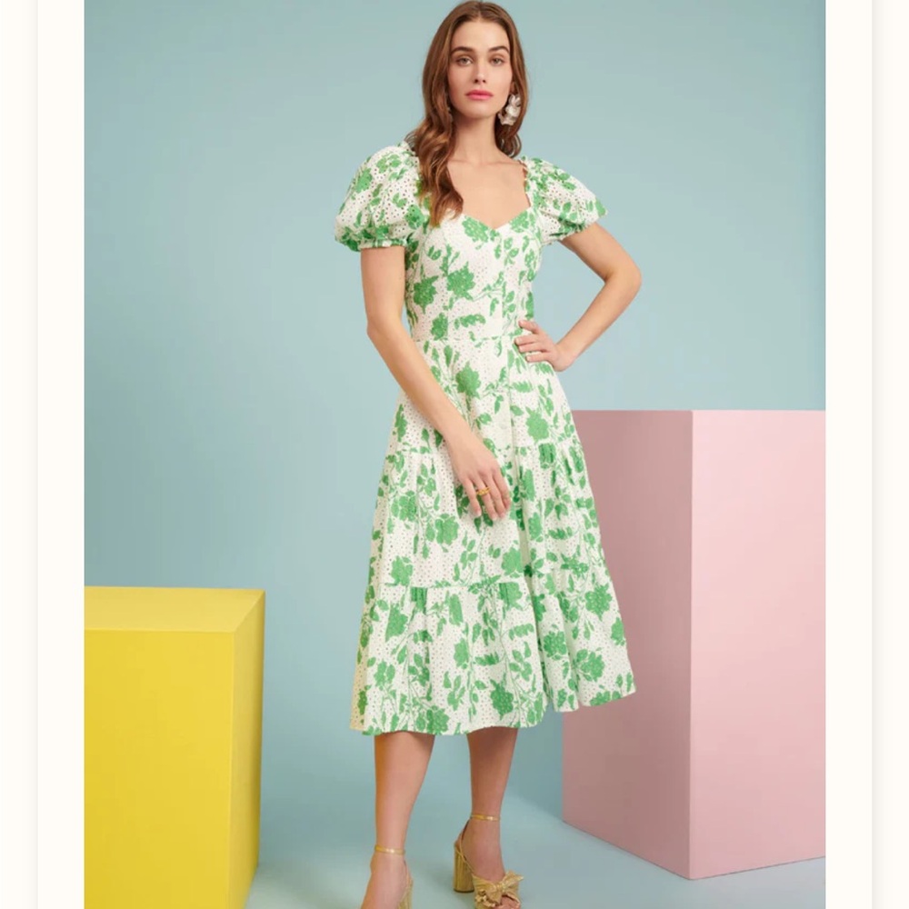 Rachel Parcell Green Floral Puff-Sleeve Midi Dress